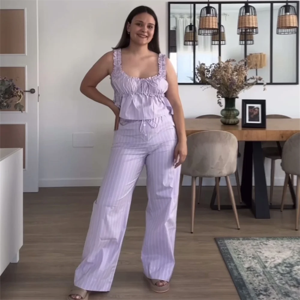 Explore the PB&ZA Women's Slim Fit Tank Top and Straight Leg Long Pants Set with Wooden Ear Edge Detail for summer elegance.