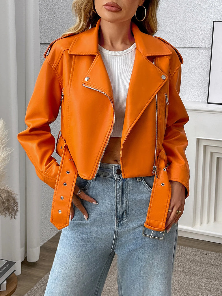 Women's PU Leather Motorcycle Jacket Orange Lapel Outwear