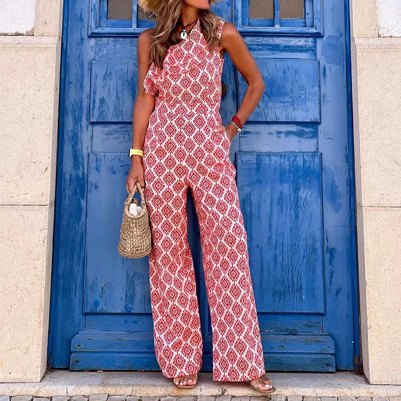 Stylish Women’s Summer Off Shoulder Jumpsuit Sleeveless Ruffle Detail with plaid rose pattern, perfect for summer outings.