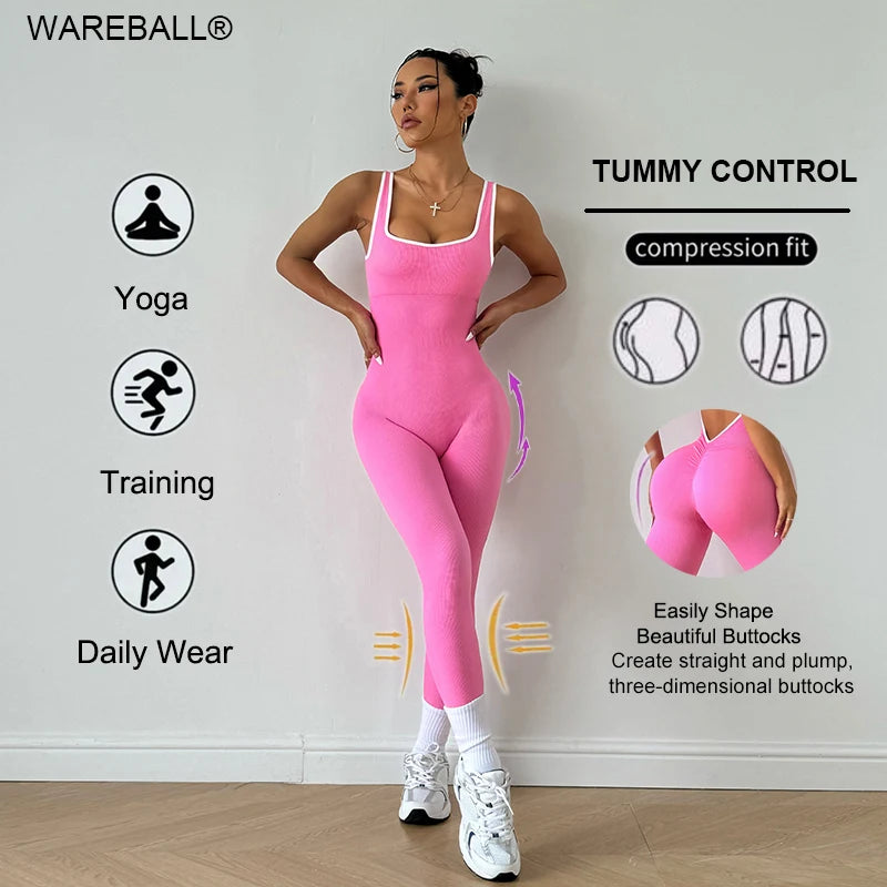 Stylish Seamless Women’s Yoga Jumpsuit with Deep V Back, perfect for gym and casual wear by WAREBALL. High stretch, lightweight.
