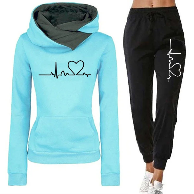 Women's Tracksuit Set With Heart Print Hoodie And Sweatpants Two Piece Casual Autumn Winter Outfit