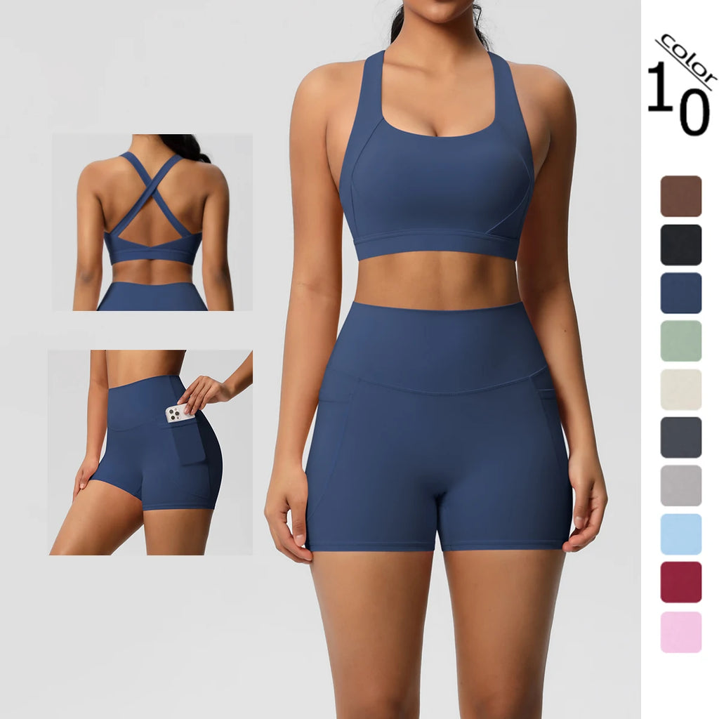 Stylish 2PCS Pocketed Yoga Set for Women with Crossover Bra and Gym Leggings, perfect for activewear workouts.