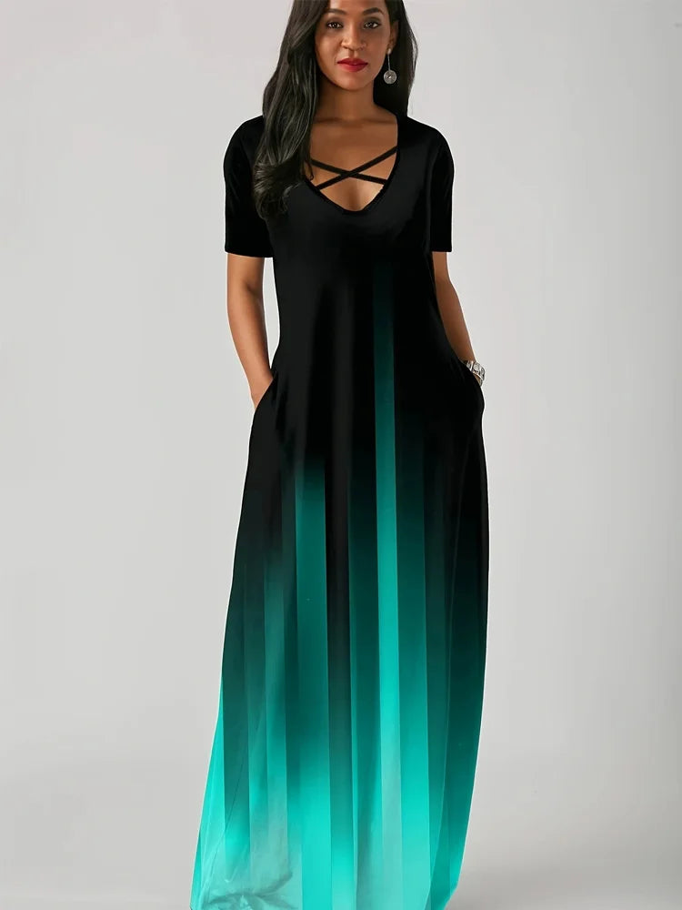 Mint Green Gradient Maxi Dress Side Pocket Short Sleeve
