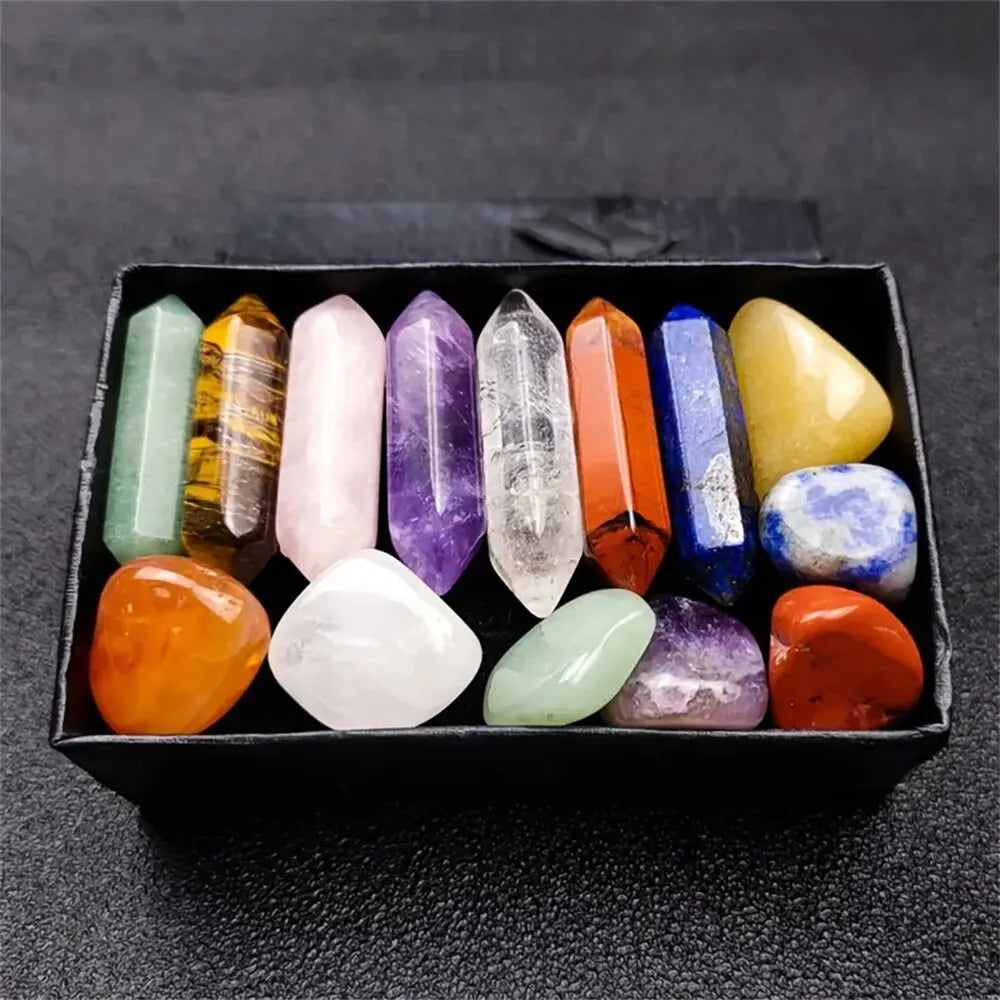 14 Pieces Pointed Quartz Crystal Healing Stones Set with Hexagon Rose Quartz Gems, perfect for chakra meditation and decor.