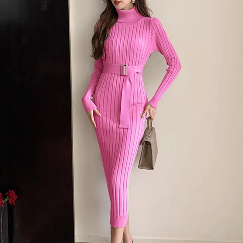 Rib Knit Bodycon Dress Belted Turtleneck Sweater Winter