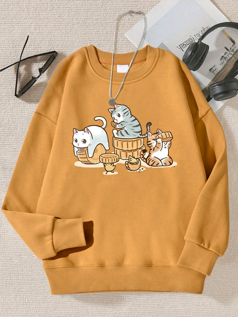 Cat Print Hoodie For Women Casual Autumn Sweatshirt