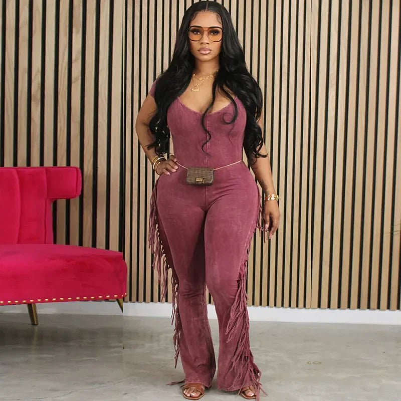 Stylish Women’s Side Fringe Tassel Jumpsuit V-Neck Short Sleeve Skinny Flare Pants Romper Monos Largos for chic looks.
