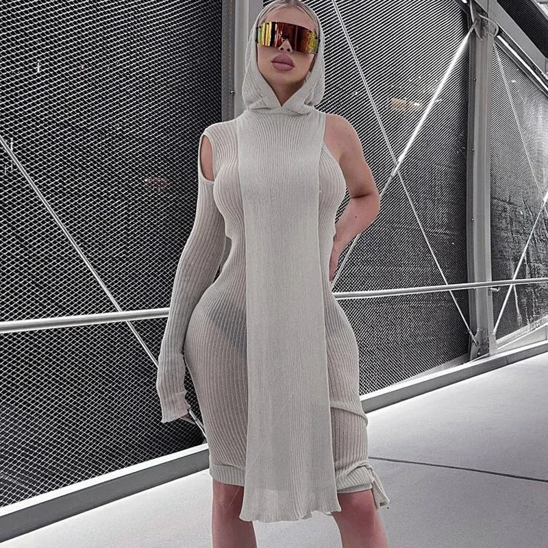 One Sleeve Knit Midi Dress Hooded Ribbed Clubwear Chic
