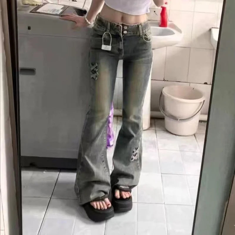 High Waist Skinny Jeans For Women Retro Blue Bow Detail