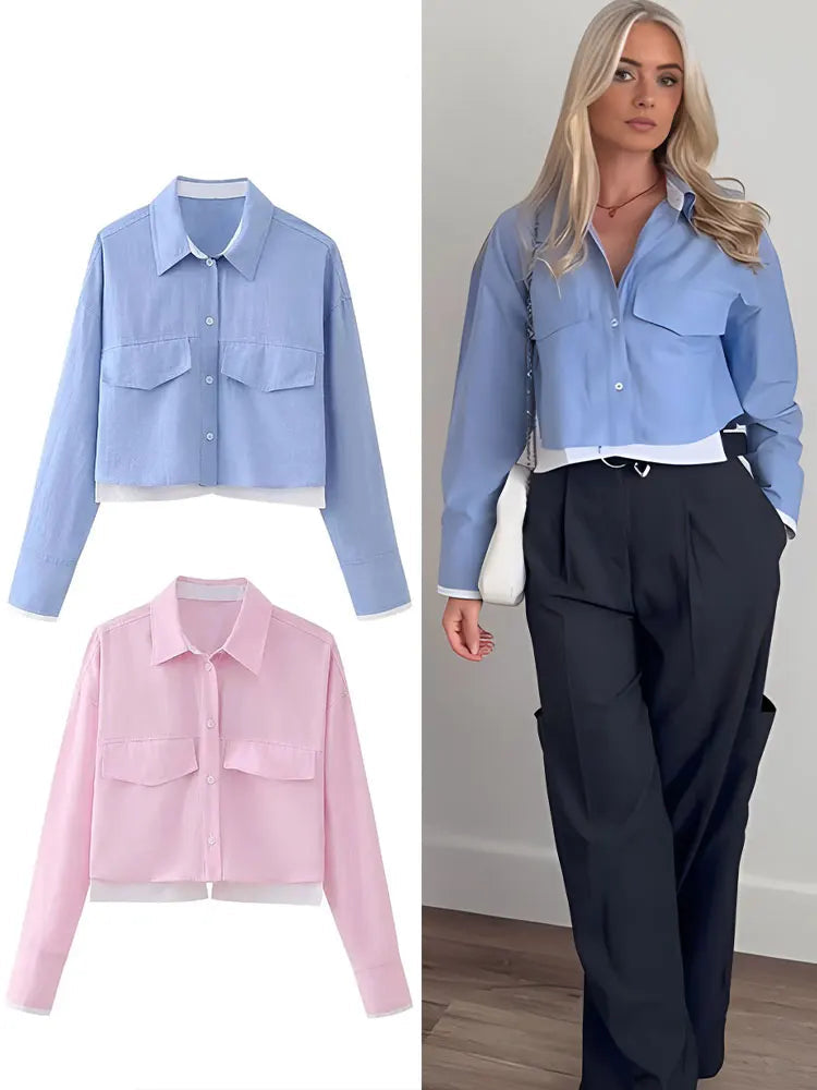 Stylish TRAFZA Elegant Patchwork Blouse for Women Long Sleeve Single Breasted Lapel Shirt Chic Short Top in blue and pink.