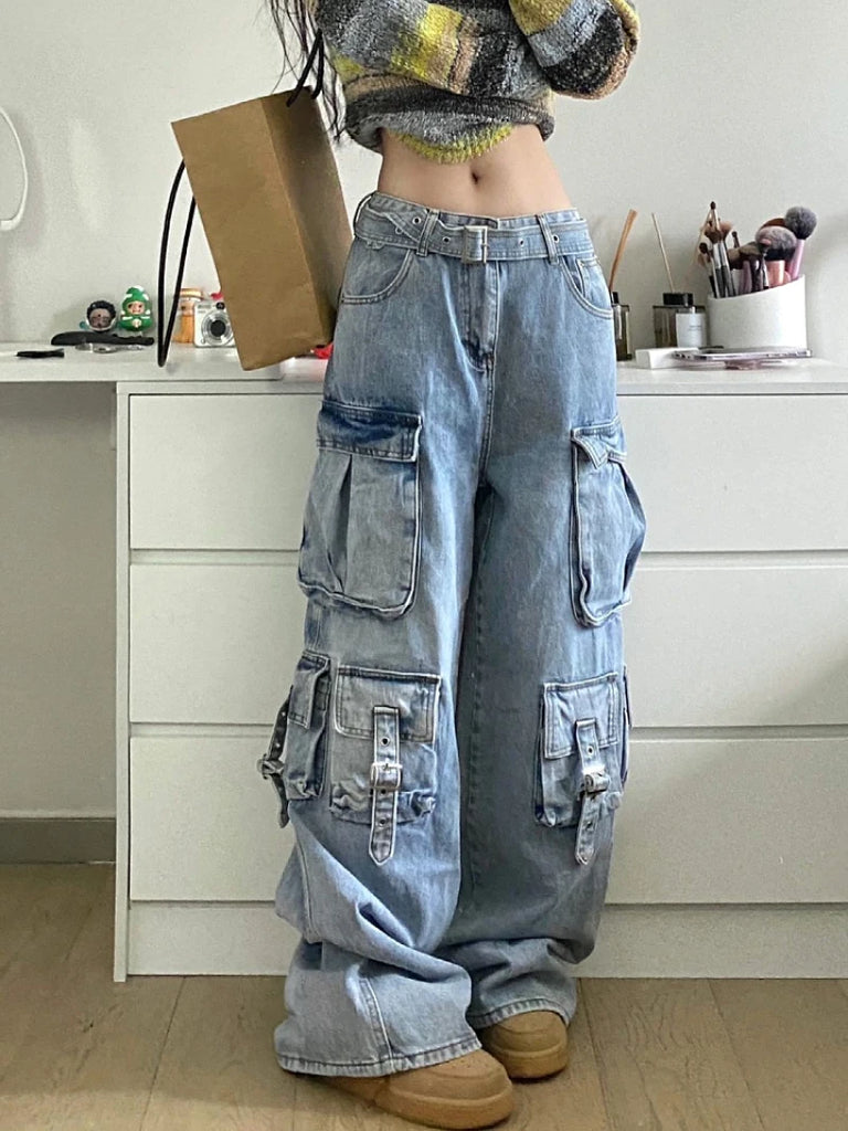 Baggy Cargo Jeans For Women Wide Leg Multi Pocket Blue