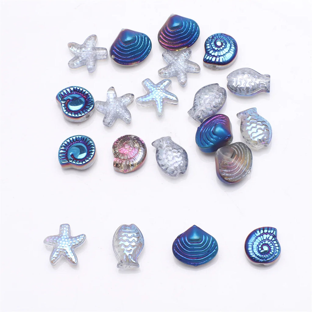 20 Pieces Mixed Shape Crystal Glass Beads for DIY Jewelry Making Including Starfish Snail Shell and Small Fish in vibrant colors.