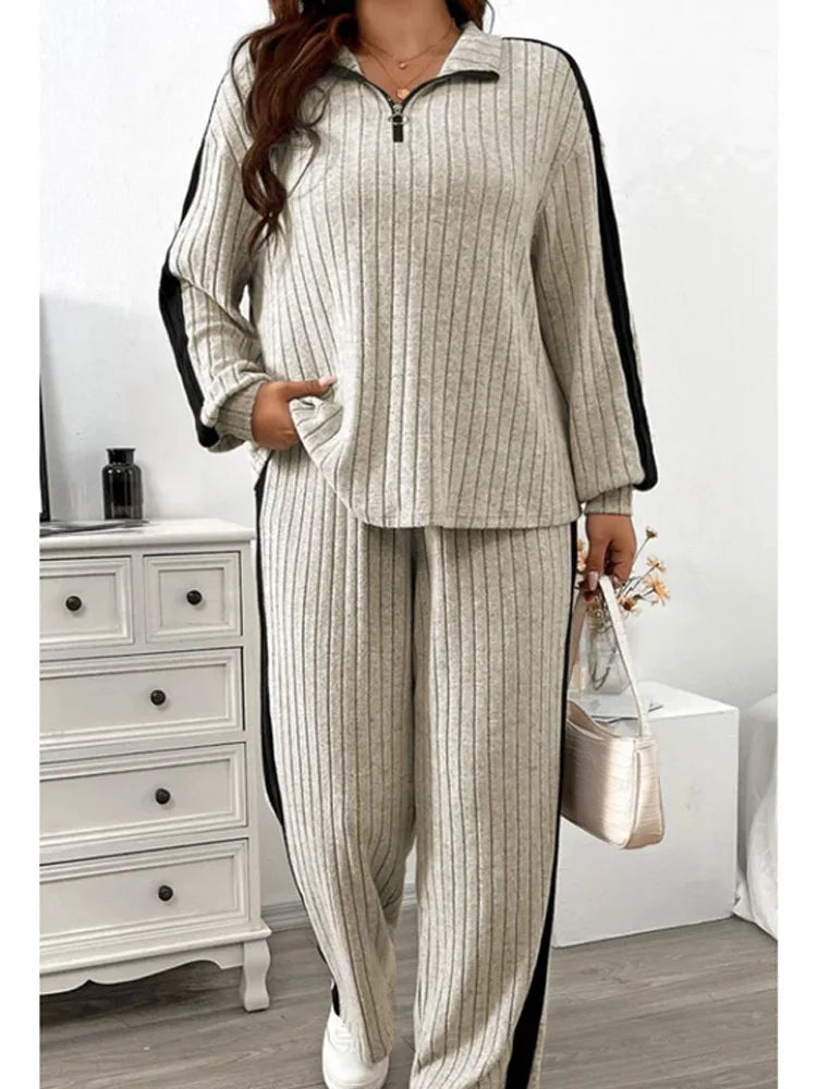 Women Loose Knit Sweater and Wide Leg Pants Two Piece Set with Stripe Color V Neck Design is perfect for autumn homewear.