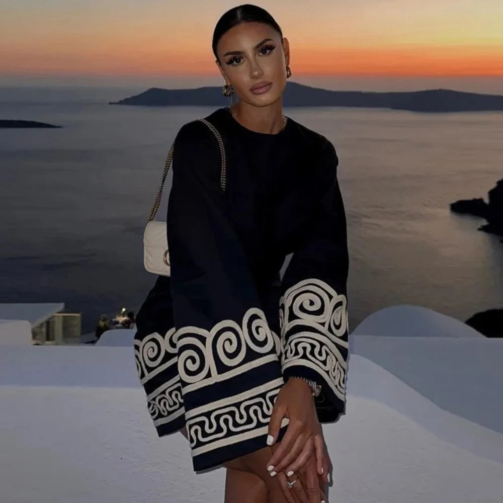 TRAFZA Women's Embroidery Patchwork Dress Long Sleeve Round Neck Tie Dress Casual Loose Commuter Holiday Travel Short Dresses