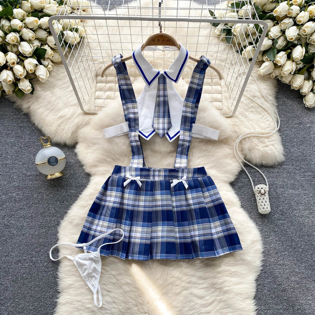 Cute Japanese JK Uniform Checkered Skirt Off Shoulder Dress