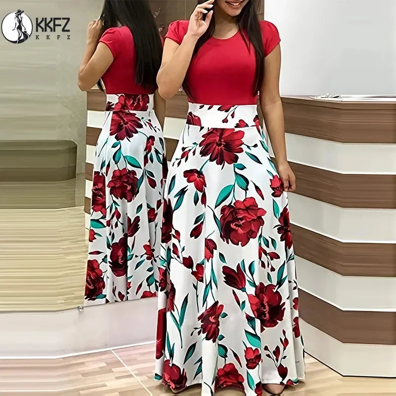 Printed Pleated Maxi Dress With Crew Neck Short Sleeves