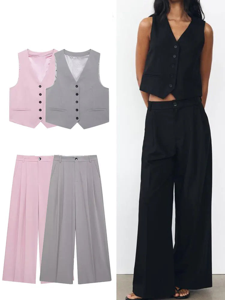 Stylish Women’s Solid Two-Piece Pant Set with Adjustable Back Strap Single Breasted V-Neck Vest and High Waist Trousers.