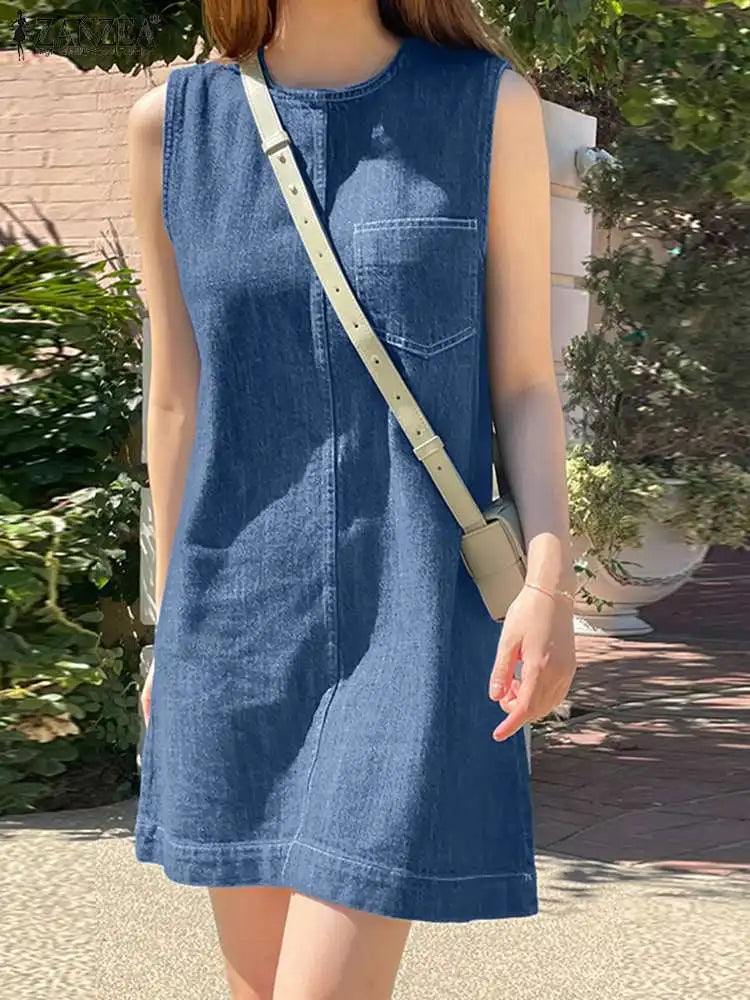 Denim Midi Dress for Women Sleeveless O Neck Blue Casual