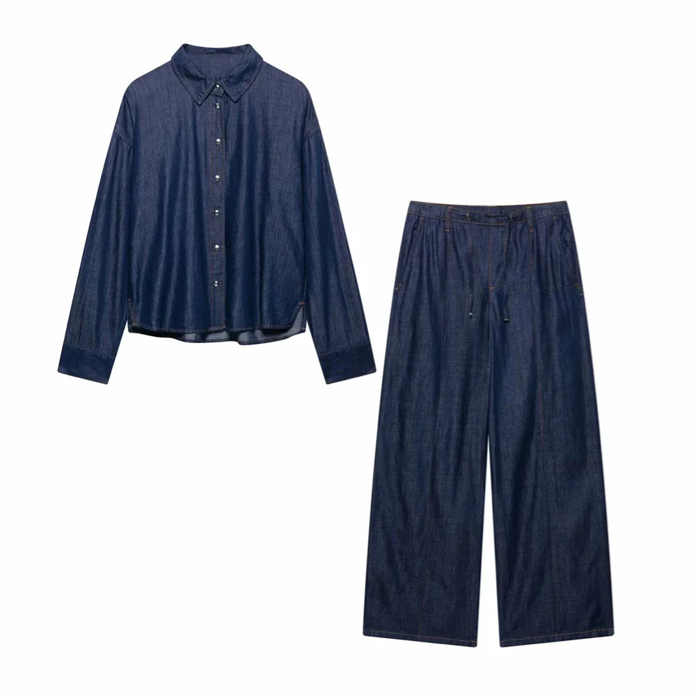 Women's Loose Denim Shirt and High Waist Wide Leg Jeans Set for Casual Spring and Summer Outfits, perfect for effortless style.