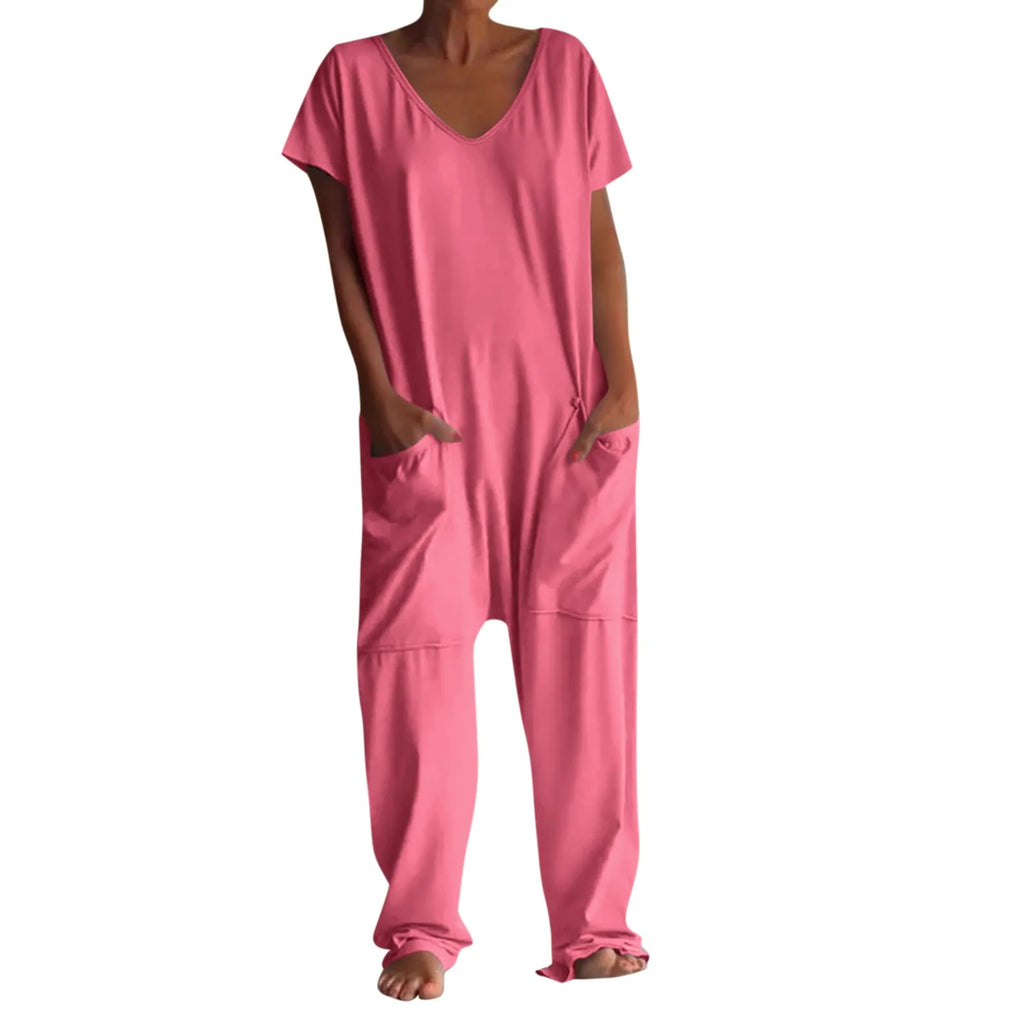 Trendy summer romper: Women’s Casual Short Sleeve Pullover Jumpsuit Loose Fit with Pockets Comfortable Lightweight Bodysuit.