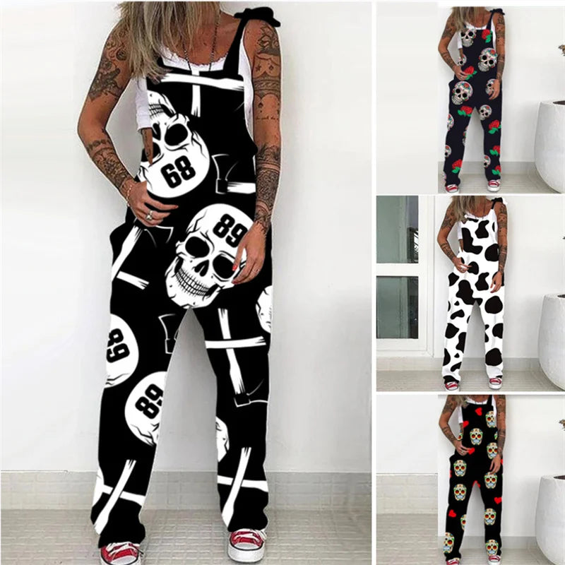 Stylish Women's Autumn Lace-Up Skull Print Overalls Jumpsuit with Pockets and Adjustable Straps for edgy streetwear.