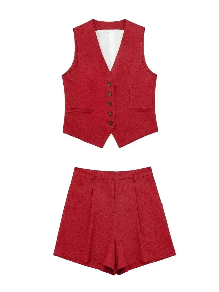 Women's Red Vest Set With Shorts And V Neck Top Summer Casual