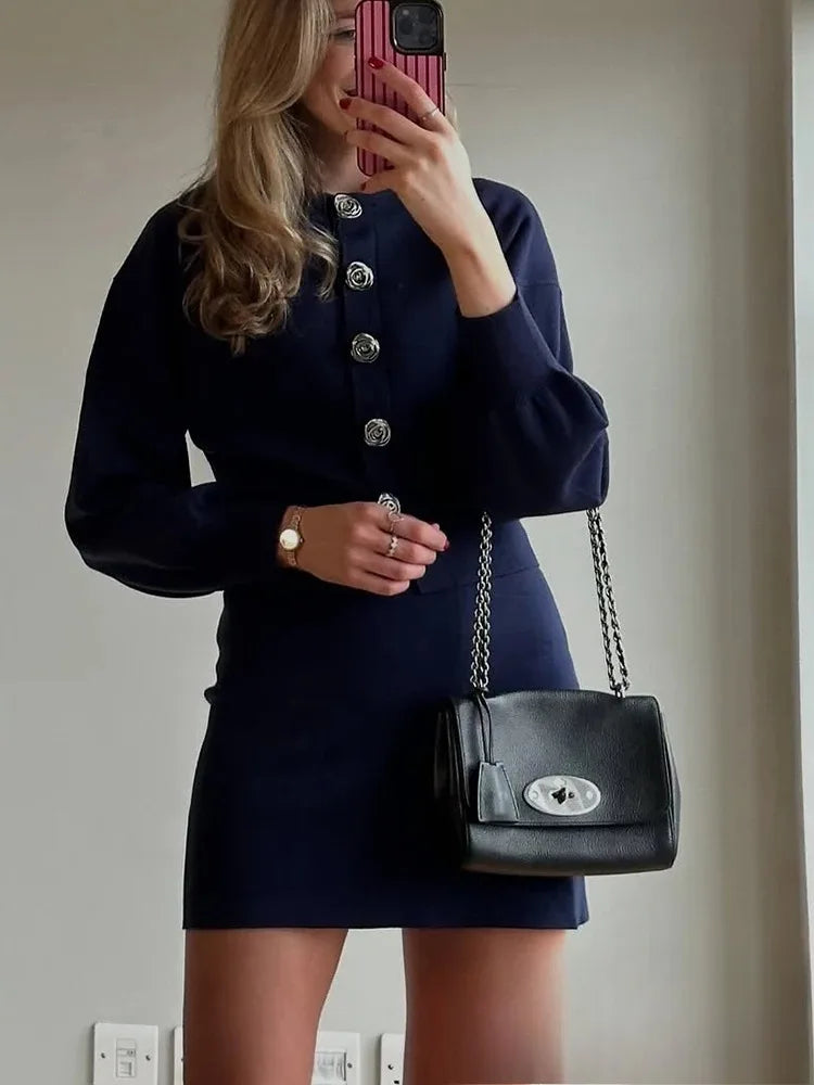 Blue Knitted Cardigan And Mini Skirt Set For Women