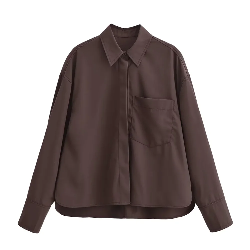 Stylish Women's Casual Poplin Shirt Top with Pocket Detail, perfect lightweight commuter blouse for elegant autumn wear.