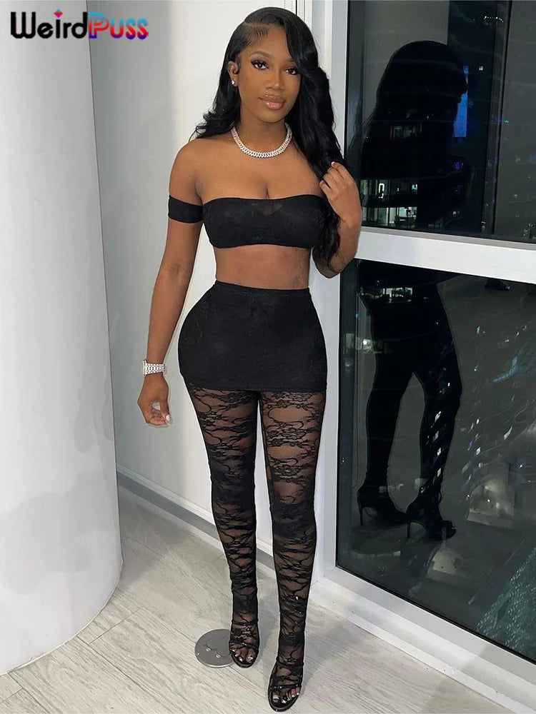 Stylish model showcases the Sexy Two Piece Mesh Crop Top and Skirt Leggings Set for Summer Clubwear by WeirdPuss.