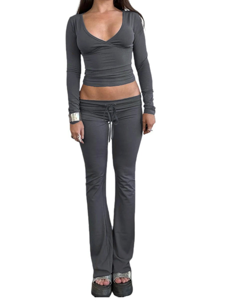 Chic Casual V Neck Long Sleeve Top and Slim Drawstring Full Length Pants Women's Two Piece Outfit Set for stylish comfort.
