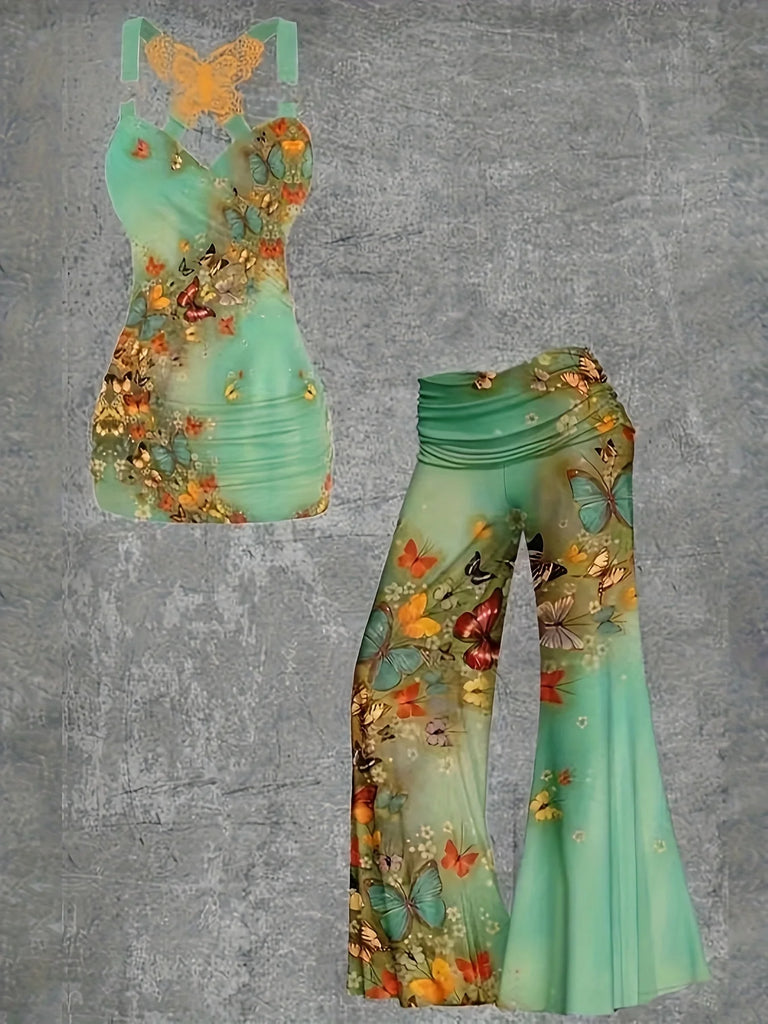 Butterfly Lace Cross Vest And Wide-Leg Pants Two-Piece Set For Women Elegant Everyday Fit