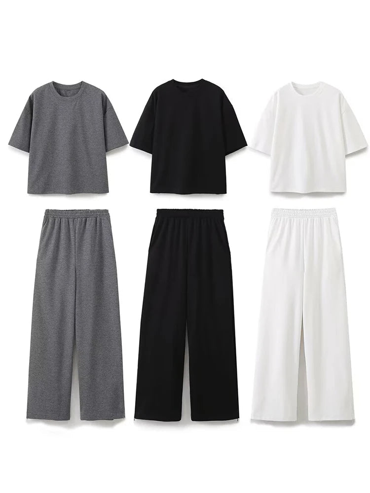 Women's Solid Casual T-Shirt and Pant Set Short Sleeve O-Neck Top with Lace-Up Straight Pants, perfect for everyday comfort.
