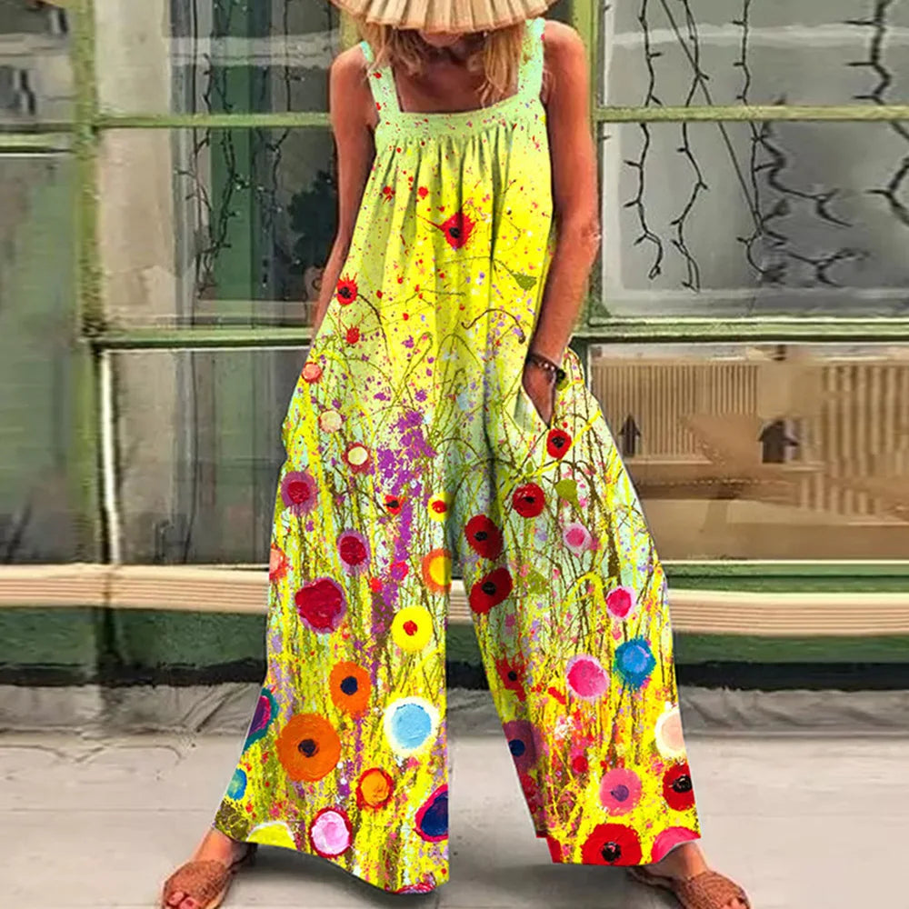 Stylish Loose Casual Oversized Print Suspenders One-Piece Pants with Broad Leg Straps for Women, perfect for summer comfort.