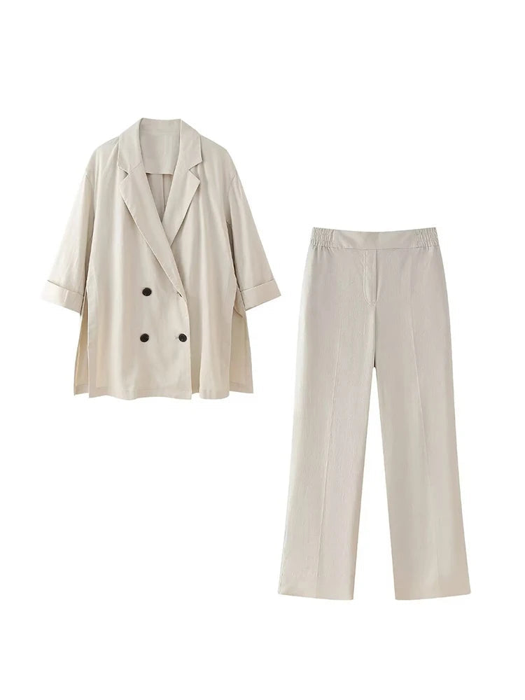 Stylish Women's Office Suit Set with Double Breasted Lapel Top and Wide Leg Pants in Solid Color, perfect for professional wear.