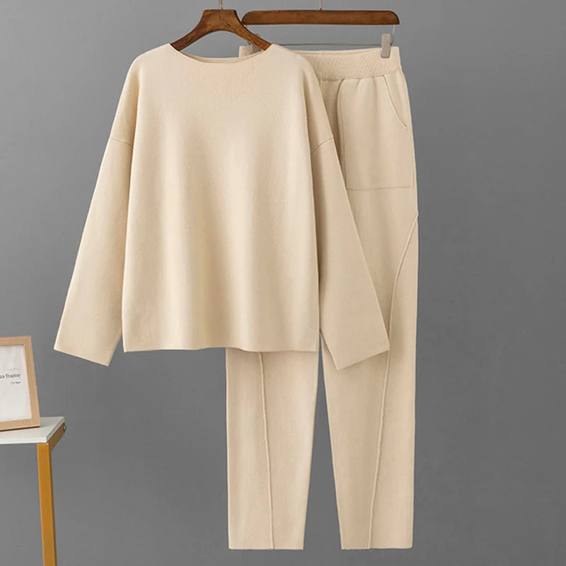 Women's Knitted Tracksuit Set Two Piece Warm Autumn Sweater And Ankle Length Pants Cozy Casual Wear