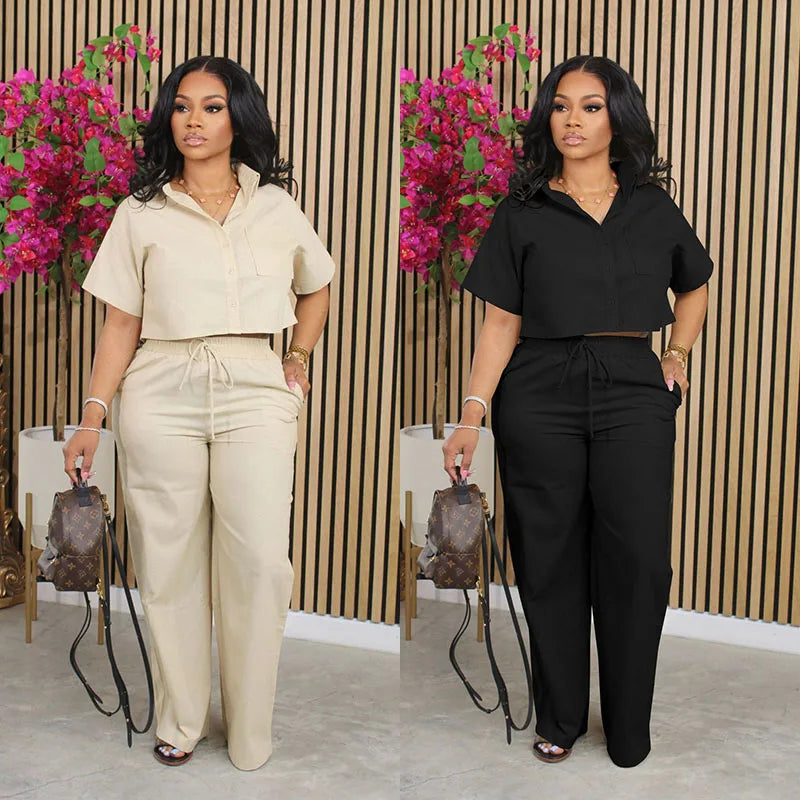 Womens Linen Short Sleeve Shirt And Wide Leg Pants Set Two Piece Street Fashion Outfit For Casual Style