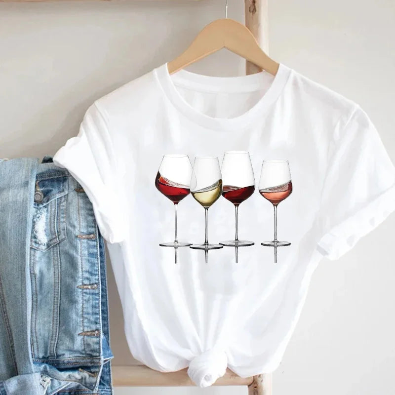 Fashion Trend Short Sleeve Women Ladies T Shirt Top Girl Wine Style Trend Printing Lady Travel Graphic T-Shirt - NIICY