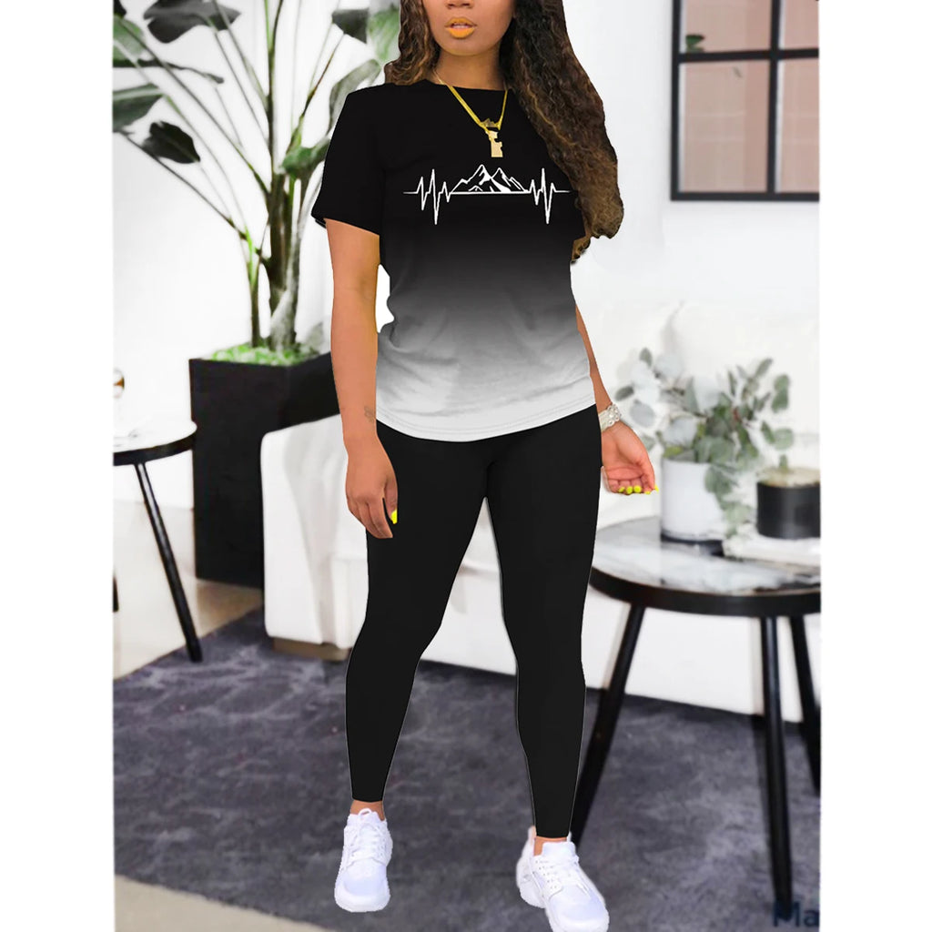 Stylish Women's Casual Sports Two-Piece Set with Wave Mountain Print Short Sleeve Top and Pants, perfect for comfort and versatility.