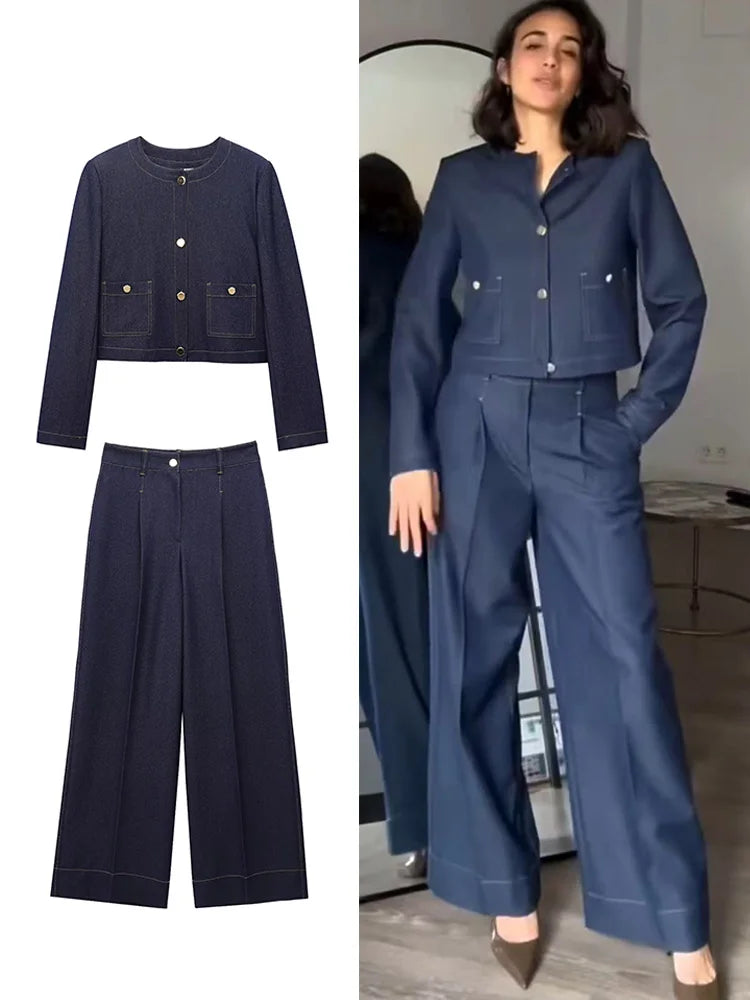 Stylish Fashion Women Solid Jacket and Wide Leg Pant Set with Cropped Coat and Zipper Details, perfect for spring and summer.