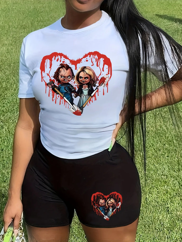 Women’s Summer Casual Two-Piece Set Loose Fit Cartoon Graphic Print Round Neck Short Sleeve T-Shirt and Shorts Lounge Wear showcased with playful design.