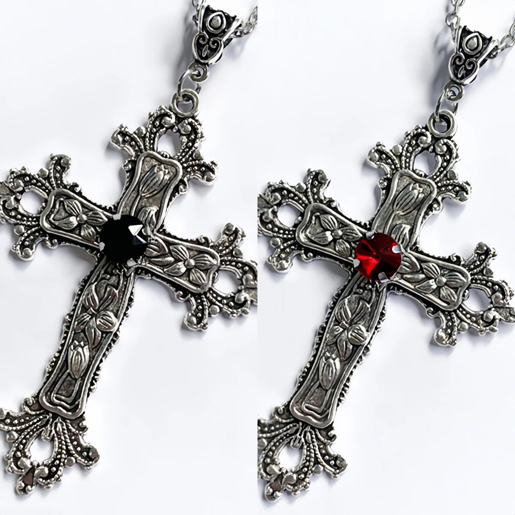 Y2K Punk Crystal Cross Pendant Necklace for Gothic Aesthetic Style, featuring a striking dual-tone design.
