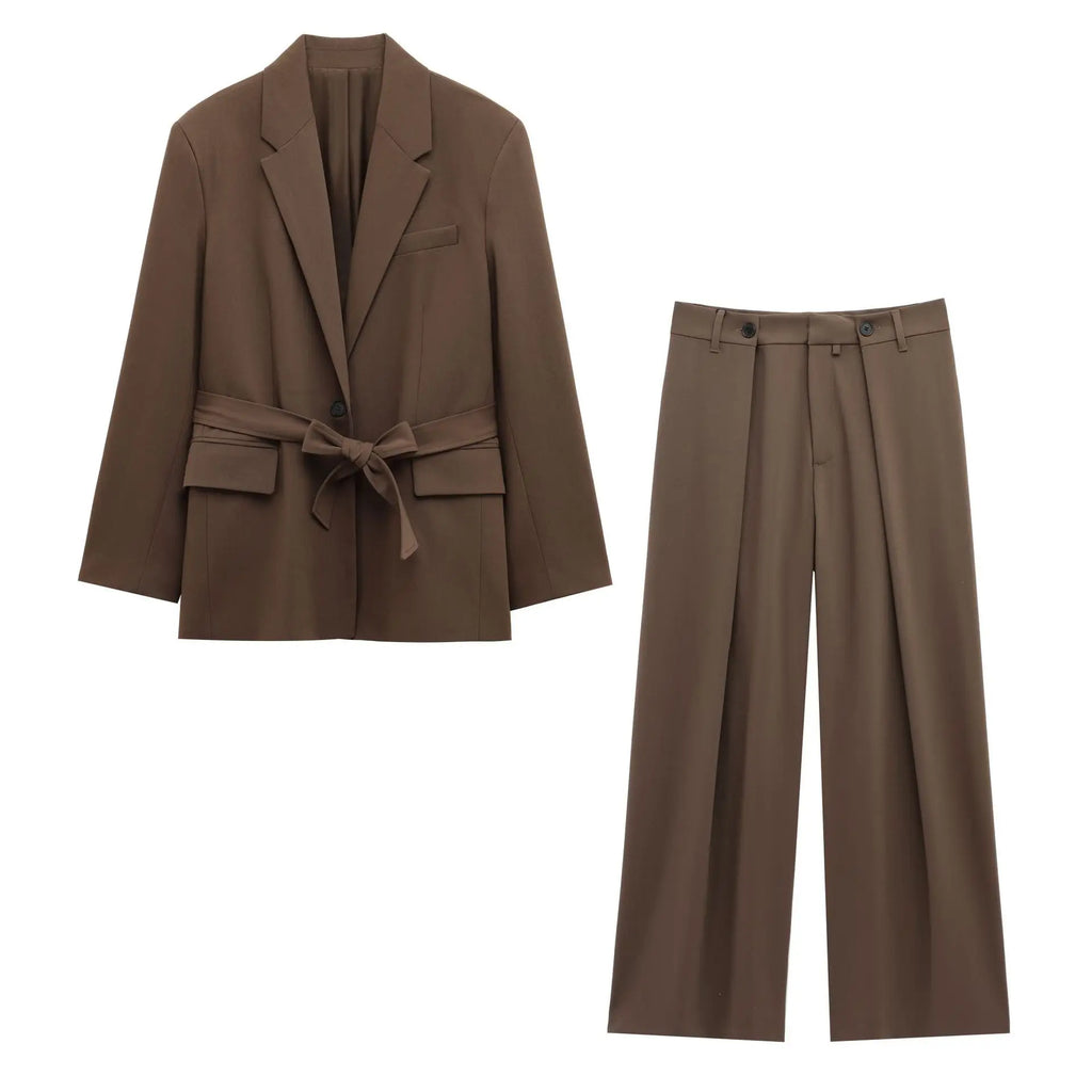 Stylish Women's Lace-up Suit Jacket and High Waist Trousers Set for Spring and Summer Casual Chic Look. Perfect for warm days.