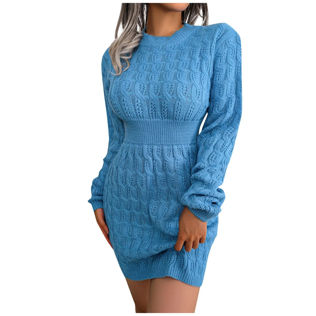 Autumn Winter Womens Round Neck High Waist Sweater Dress