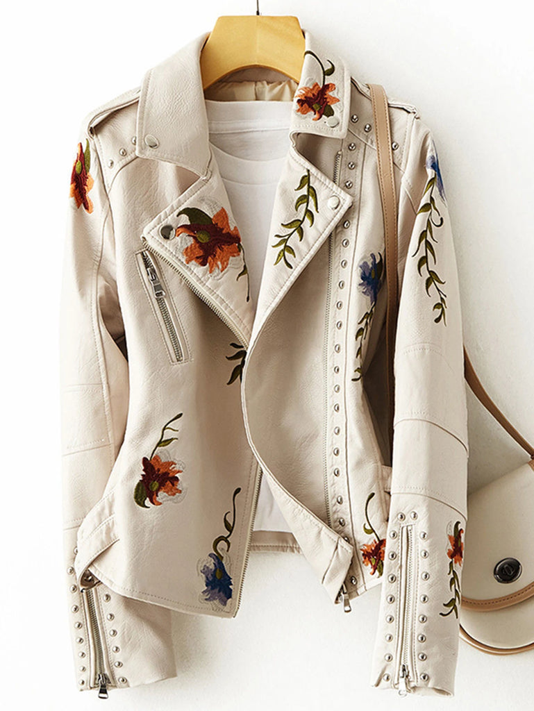 Embroidered Floral Leather Jacket for Women Rivet Detail