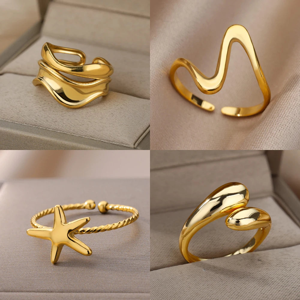 Stylish Waterproof Gold Color Stainless Steel Rings for Women Wedding Couple Band Jewelry Gifts displayed elegantly.