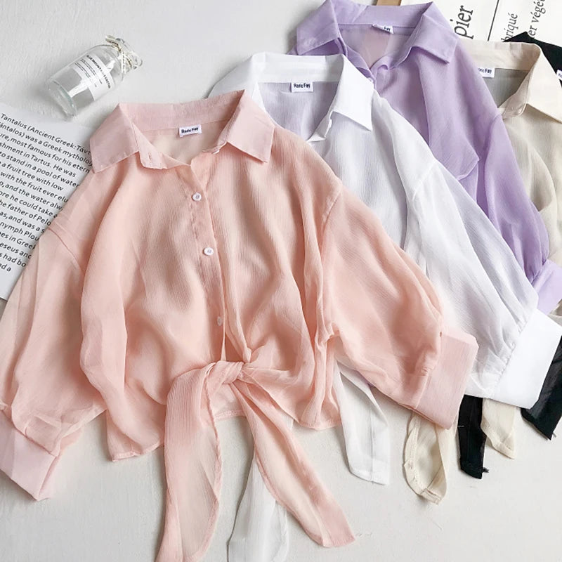 Soft chiffon in multiple colors, this Women Buttoned Up Chiffon Blouse Tied Waist Crop Top is perfect for office elegance.