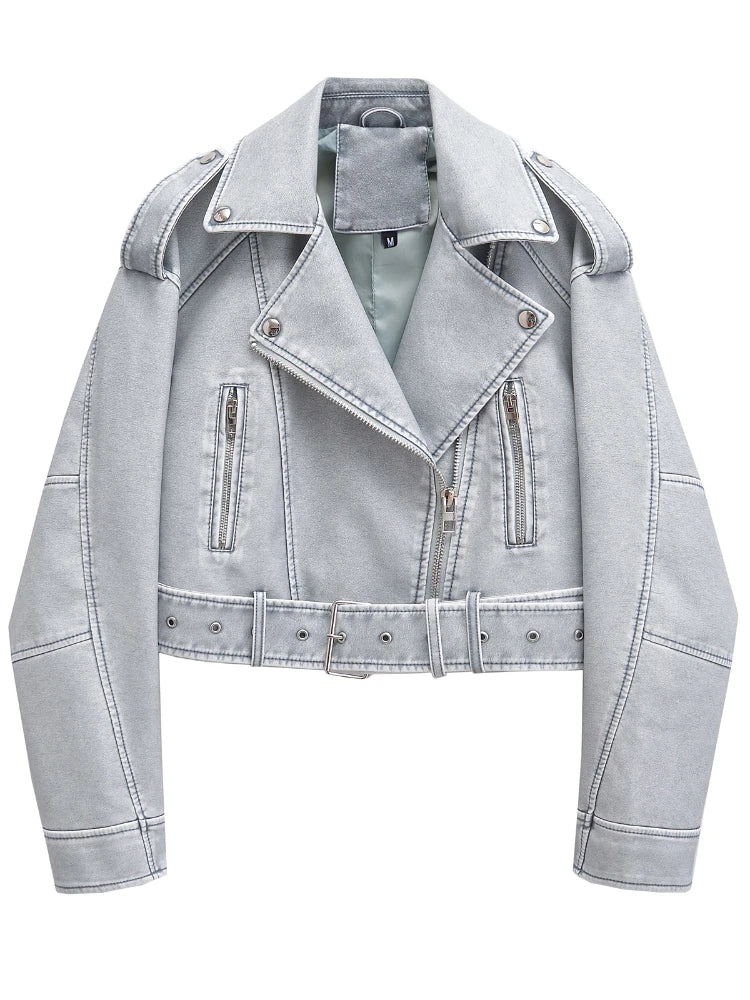 Womens PU Leather Jacket With Lapel Zipper Motorcycle