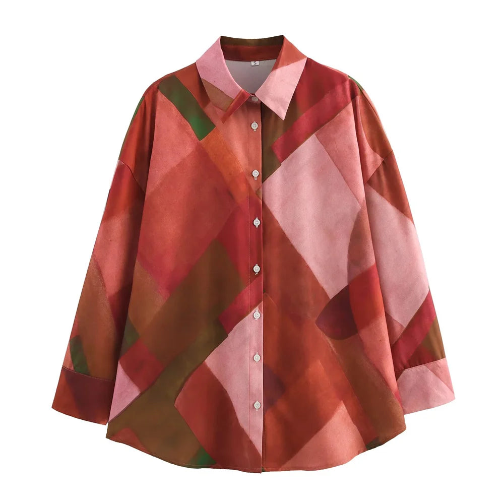 Stylish Taop&Za Spring Collar Long Sleeve Single Breasted Women’s Casual Shirt with Geometric Print and Silk Texture.