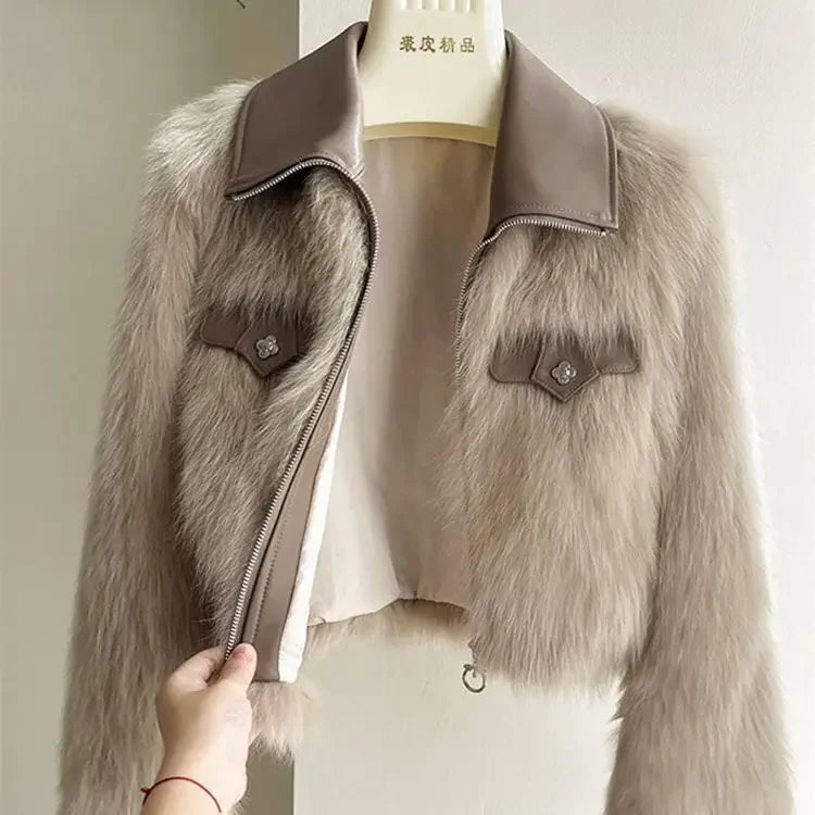Korean Chic Polo Collar Faux Fox Fur Coat For Women