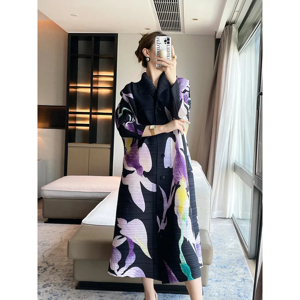 Printed Floral Midi Dress With Pleated Sleeves And Lapel